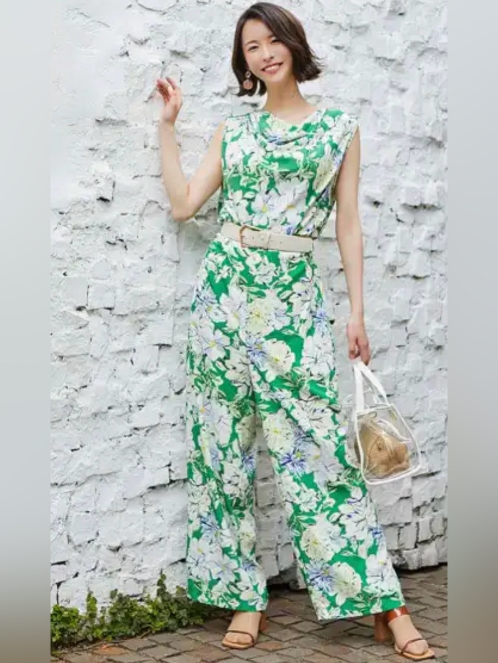 Zara Floral Print Belted Jumpsuit Green Medium Like New